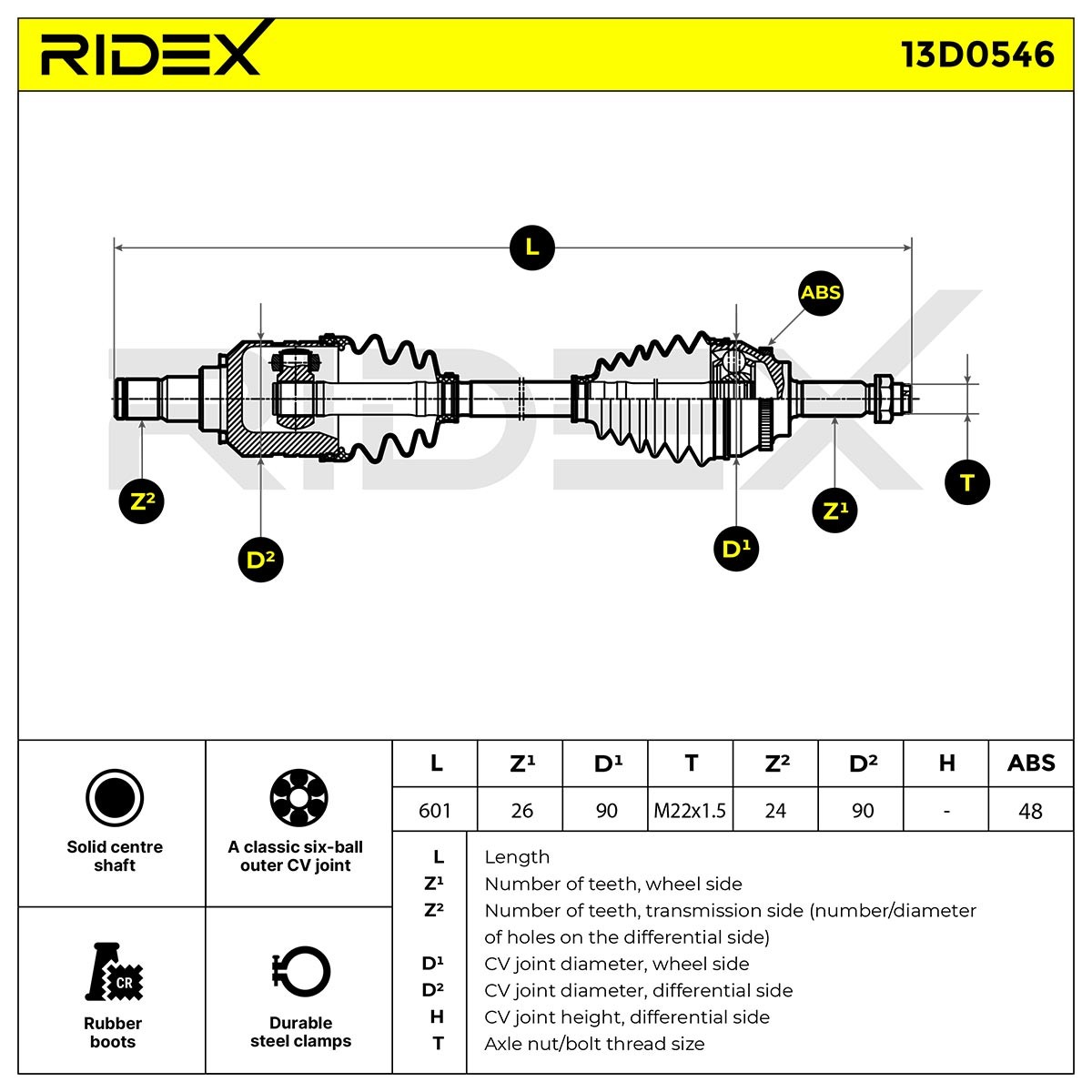 13D0546 CV shaft 13D0546 RIDEX Front Axle Left, 600mm
