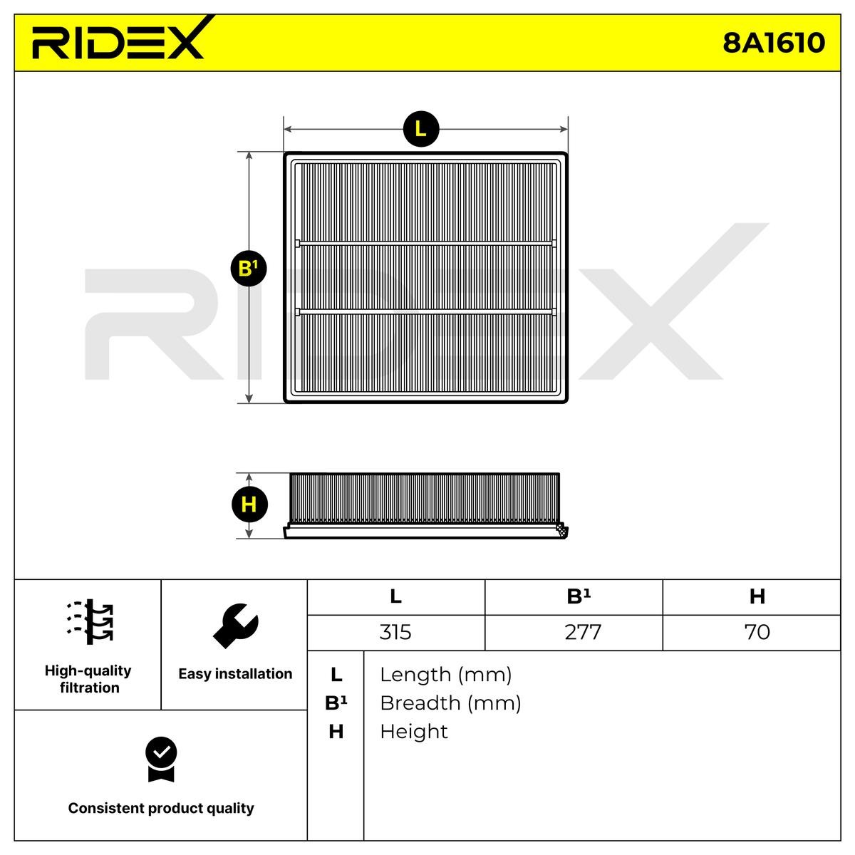 RIDEX 8A1610 Luftfilter 70mm, 277mm, 315mm, eckig, Umluftfilter ▷ AUTODOC  Preis und Erfahrung