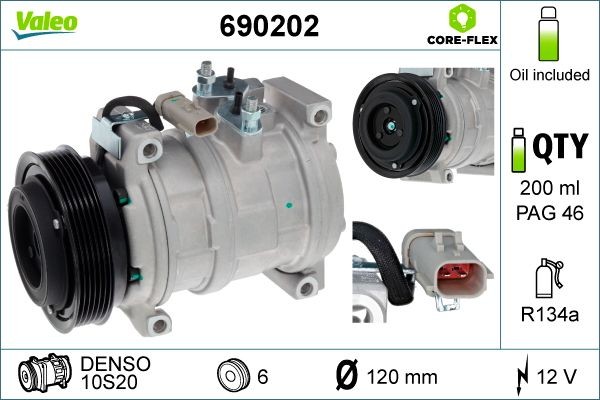 VALEO 690202 Air conditioning compressor 10S20, 12V, PAG 46, R 134a, with PAG compressor oil