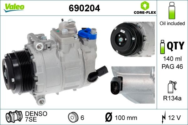 VALEO 690204 Air conditioning compressor 7SE, 12V, PAG 46, R 134a, with PAG compressor oil