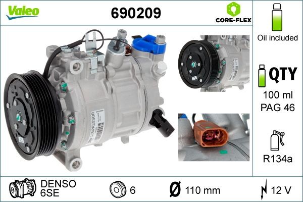 VALEO 690209 Air conditioning compressor 6SE, 12V, PAG 46, R 134a, with PAG compressor oil
