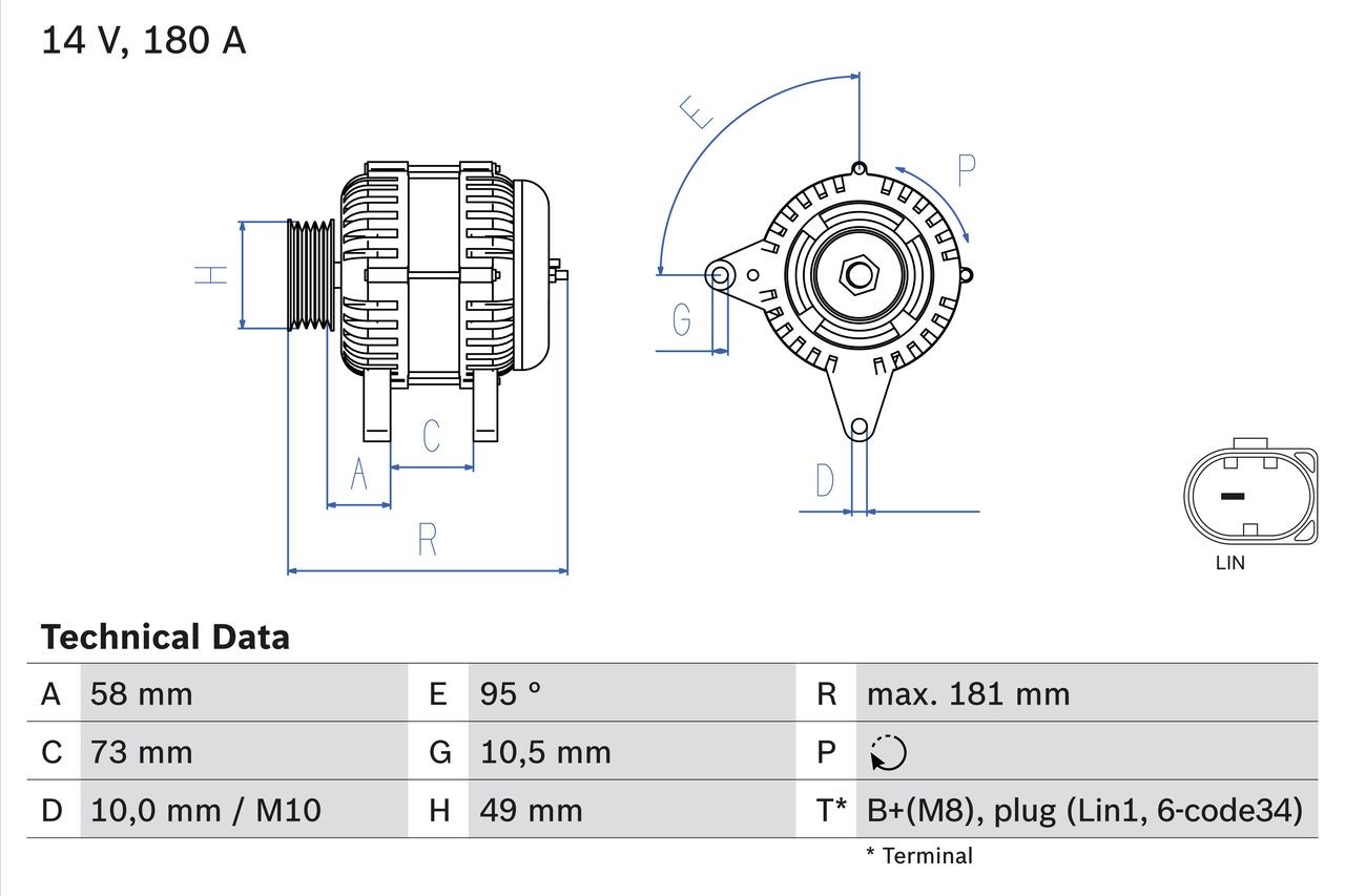 8463 BOSCH 14V, 180A, B+(M8),PLUG(LIN1,6), PL166-1 PIN, excl. vacuum pump, Ø 49 mm Generator 0 986 084 630 buy