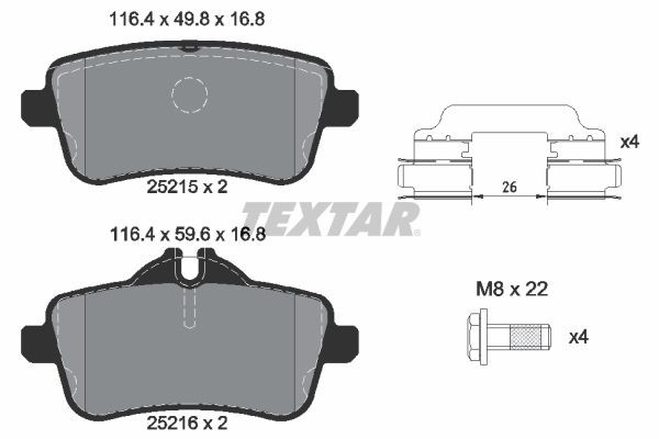 25215 TEXTAR prepared for wear indicator, with brake caliper screws, with accessories Height 1: 49,8mm, Height 2: 59,6mm, Width: 116,4mm, Thickness: 16,8mm Brake pads 2521509 buy