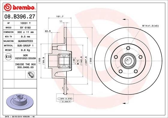 BREMBO 08.B396.27 Brake disc 300x11mm, 5, solid