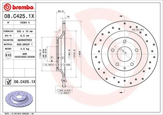 BREMBO 08.C425.1X Brake disc 303x10mm, 5, solid, Perforated, Coated