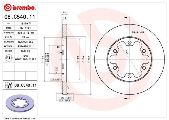BREMBO 08.C540.11 Brake disc 308x18mm, 6, solid, Coated