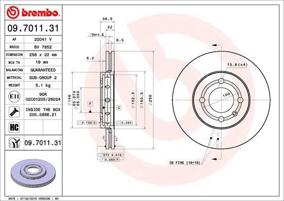 BREMBO 09.7011.31 Brake disc 256x22mm, 4, internally vented, Coated, High-carbon