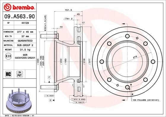 BREMBO 377x45mm, 8, internally vented, High-carbon Ø: 377mm, Num. of holes: 8, Brake Disc Thickness: 45mm Brake rotor 09.A563.90 buy