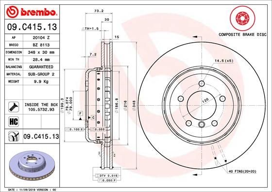 BREMBO 09.C415.13 Brake disc 348x30mm, 5, internally vented, two-part brake disc, Coated, High-carbon