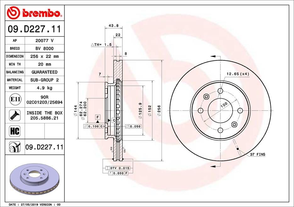 BREMBO 256x22mm, 4, internally vented, Coated, High-carbon Ø: 256mm, Num. of holes: 4, Brake Disc Thickness: 22mm Brake rotor 09.D227.11 buy
