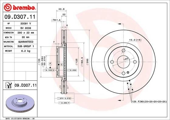 BREMBO 280x22mm, 4, internally vented, Coated Ø: 280mm, Num. of holes: 4, Brake Disc Thickness: 22mm Brake rotor 09.D307.11 buy