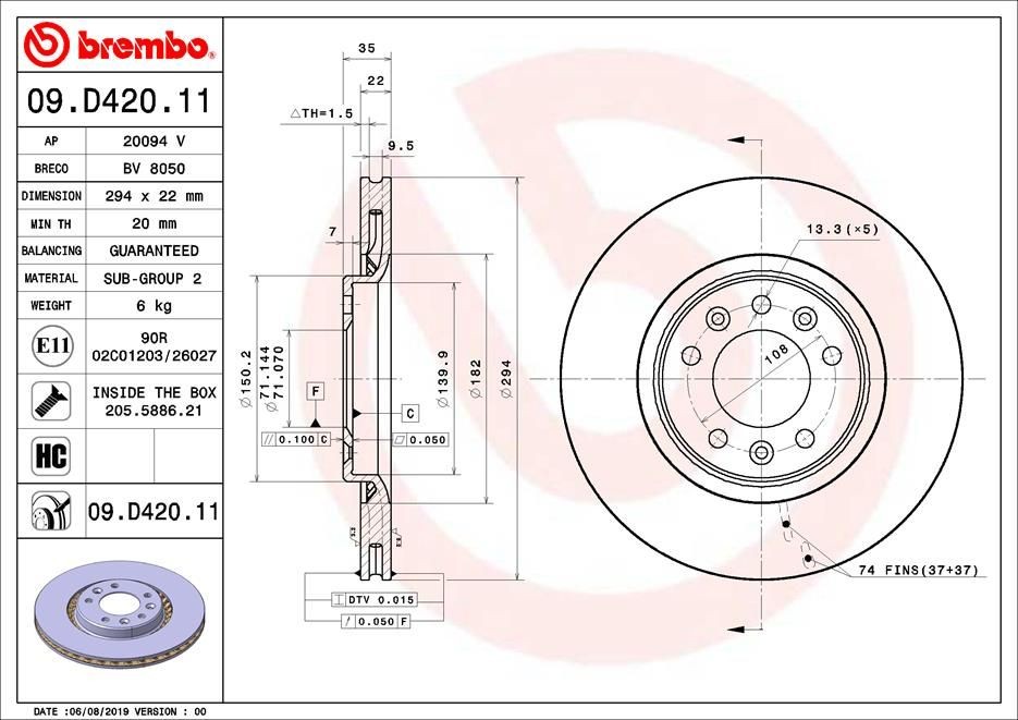 BREMBO 09.D420.11 Brake disc 294x22mm, 5, internally vented, Coated, High-carbon
