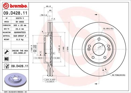 BREMBO 09.D428.11 Brake rotor 305x25mm, 5, internally vented, coated, High-carbon