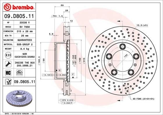 BREMBO 09.D805.11 Brake disc 315x28mm, 5, perforated/vented, Coated, High-carbon