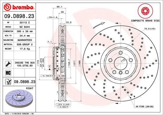 BREMBO 09.D898.23 Brake disc 395x36mm, 5, perforated/vented, two-part brake disc, Coated, High-carbon