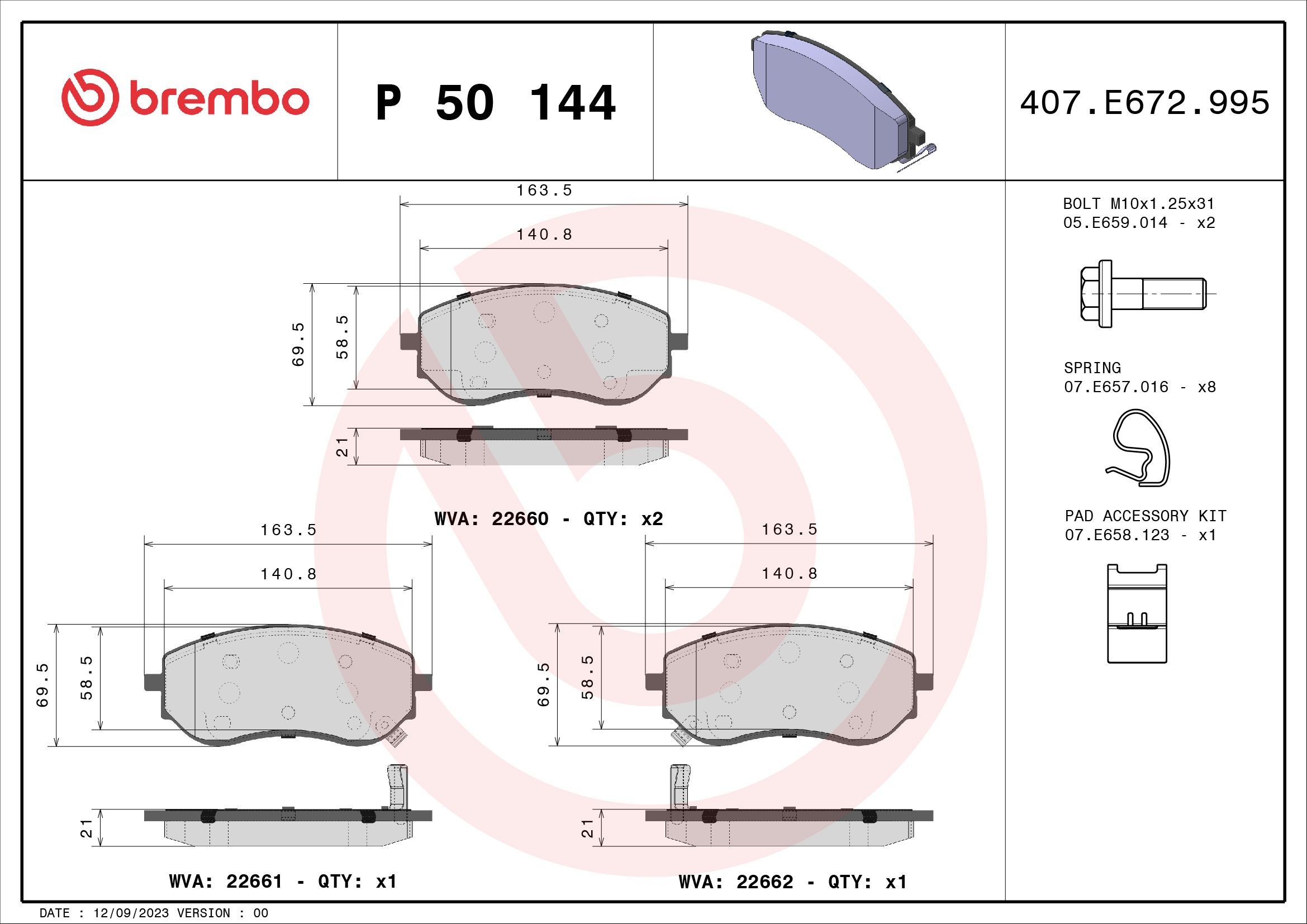 BREMBO P 50 144 Brake pad set with acoustic wear warning, with brake caliper screws, with accessories