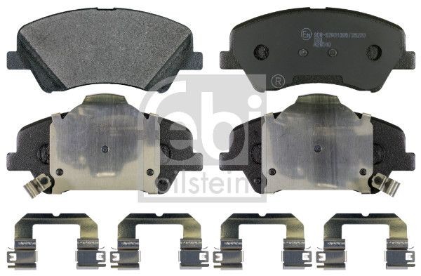 170635 FEBI BILSTEIN Brake pad set KIA Front Axle, with acoustic wear warning, with anti-squeak plate, with retaining spring holder