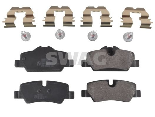 11 11 6290 SWAG Brake pad set MINI Rear Axle, prepared for wear indicator, with fastening material