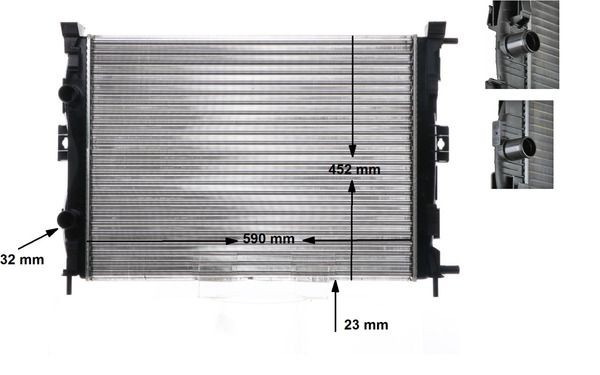CR 1690 000S MAHLE ORIGINAL Radiators RENAULT for vehicles with/without air conditioning, 590 x 452 x 23 mm, Manual Transmission, Mechanically jointed cooling fins