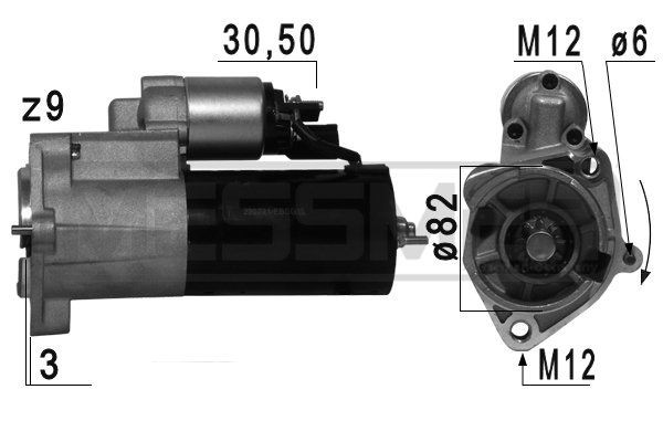 MESSMER 220721A Starter motor 12V, 2kW, Number of Teeth: 9, 30-50, Ø 82 mm