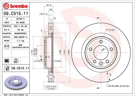 BREMBO 325x25mm, 5, internally vented, Coated, High-carbon Ø: 325mm, Num. of holes: 5, Brake Disc Thickness: 25mm Brake rotor 09.C515.11 buy