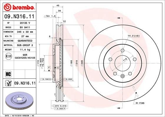 BREMBO 345x30mm, 5, internally vented, Coated, High-carbon Ø: 345mm, Num. of holes: 5, Brake Disc Thickness: 30mm Brake rotor 09.N316.11 buy