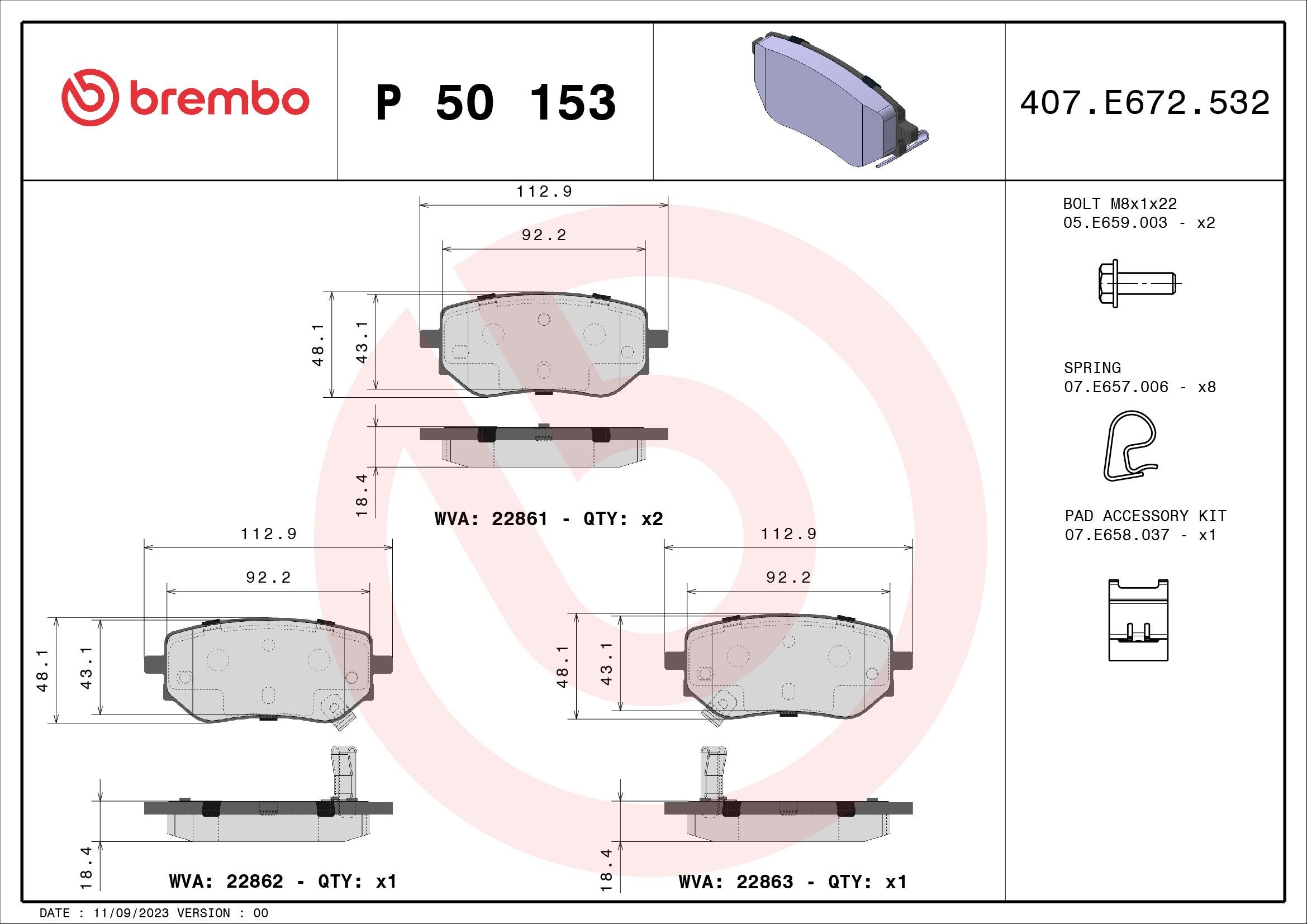 BREMBO P 50 153 Brake pad set with acoustic wear warning, with brake caliper screws, with anti-squeak plate, with accessories