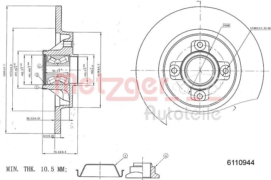 METZGER 6110944 Brake disc Rear Axle, 268x12mm, 4x108, solid, Painted, Cross-hatch