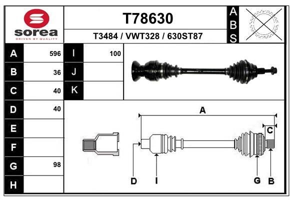 T3484 EAI 596mm, 98mm Length: 596mm, External Toothing wheel side: 36 Driveshaft T78630 buy