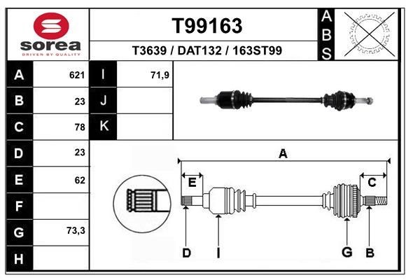 T3639 EAI 621mm, 73mm Length: 621mm, External Toothing wheel side: 23 Driveshaft T99163 buy