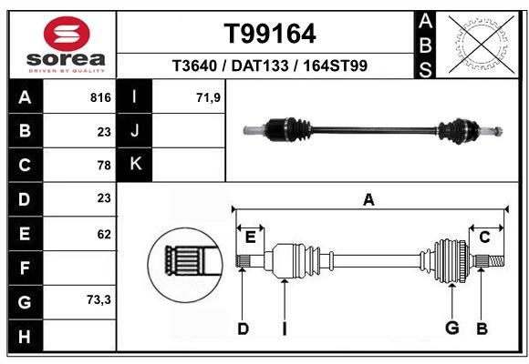T3640 EAI 816mm, 73mm Length: 816mm, External Toothing wheel side: 23 Driveshaft T99164 buy