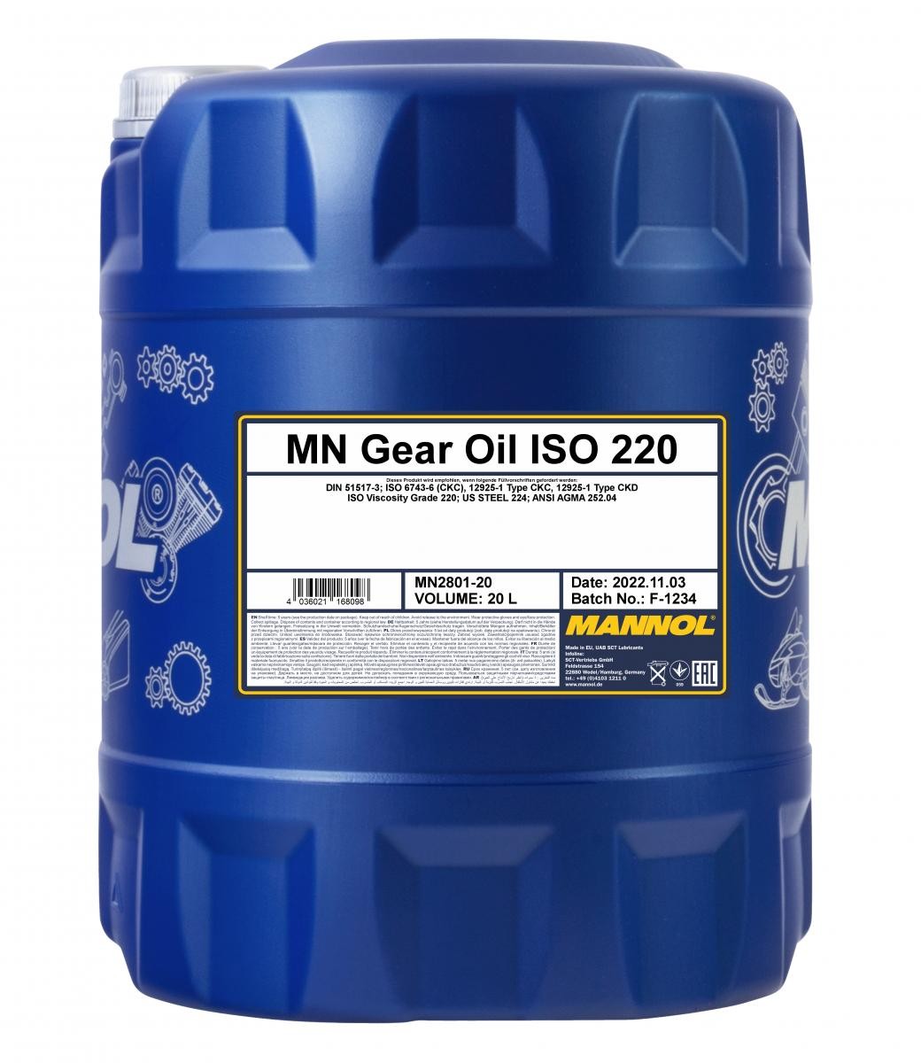 MANNOL Gear Oil ISO 220 Capacity: 20l ISO VG 220, ANSI/AGMA 252.04, US STEEL 224, DIN 51517-3, ISO 12925-1 CKC, ISO 6743-6 (CKC), ISO 12925-1 CKD Transmission oil MN2801-20 buy