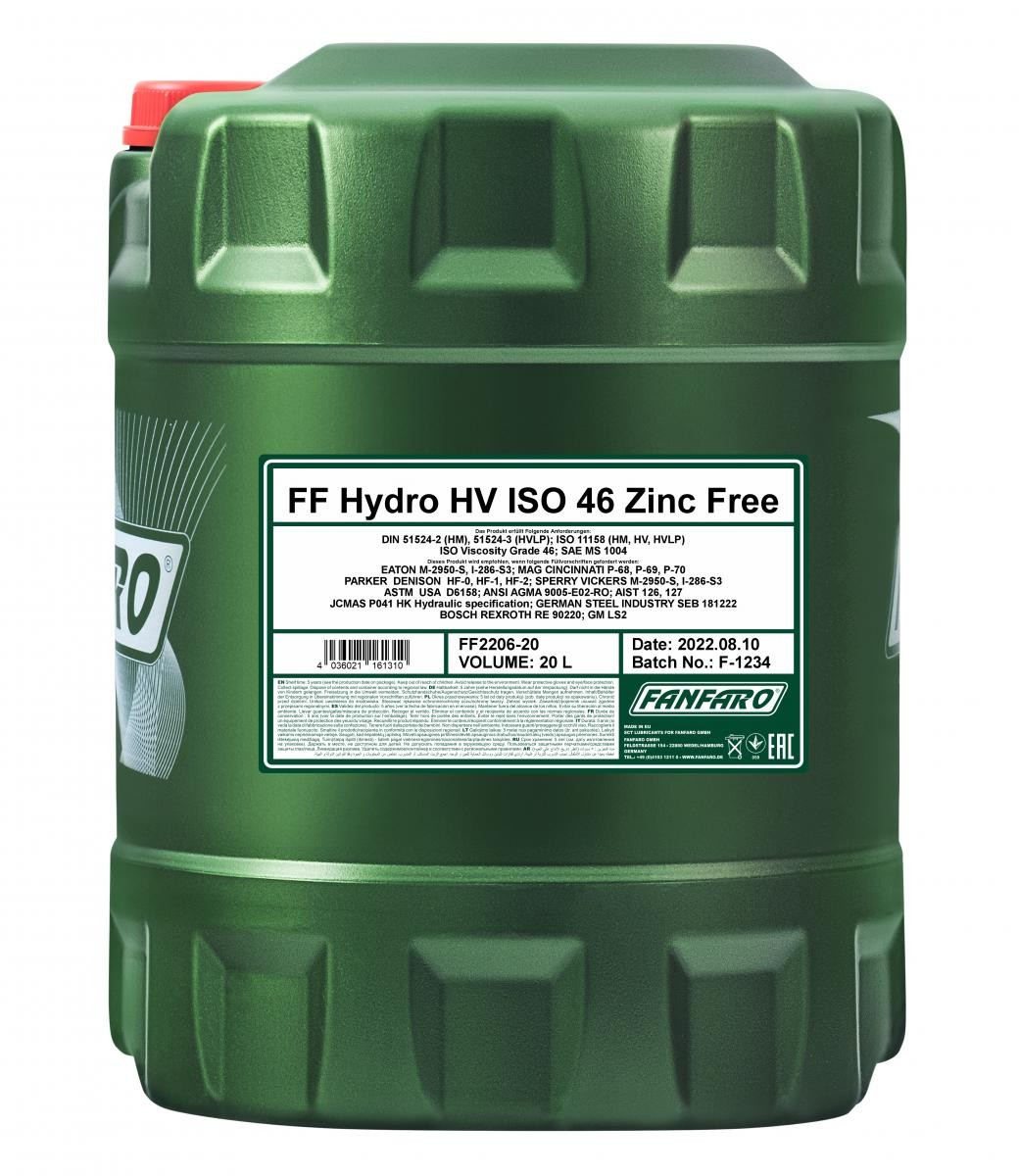 FANFARO Hydro HV ISO 22, VI 280 FF2206-20 Hydraulic Oil Capacity: 20l