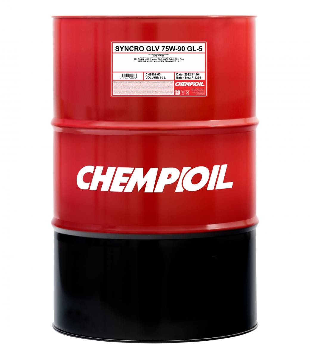 CHEMPIOIL Syncro, GLV GL-5 75W-90, Capacity: 60l API GL-4, API GL-5, Mack GO-J, Mack GO-J Plus, MAN 342 M1, MAN 342 M2, MAN 342 M3, Scania STO 1:0, Manual Transmission, Differential Gear with limited slip Transmission oil CH8801-60 buy
