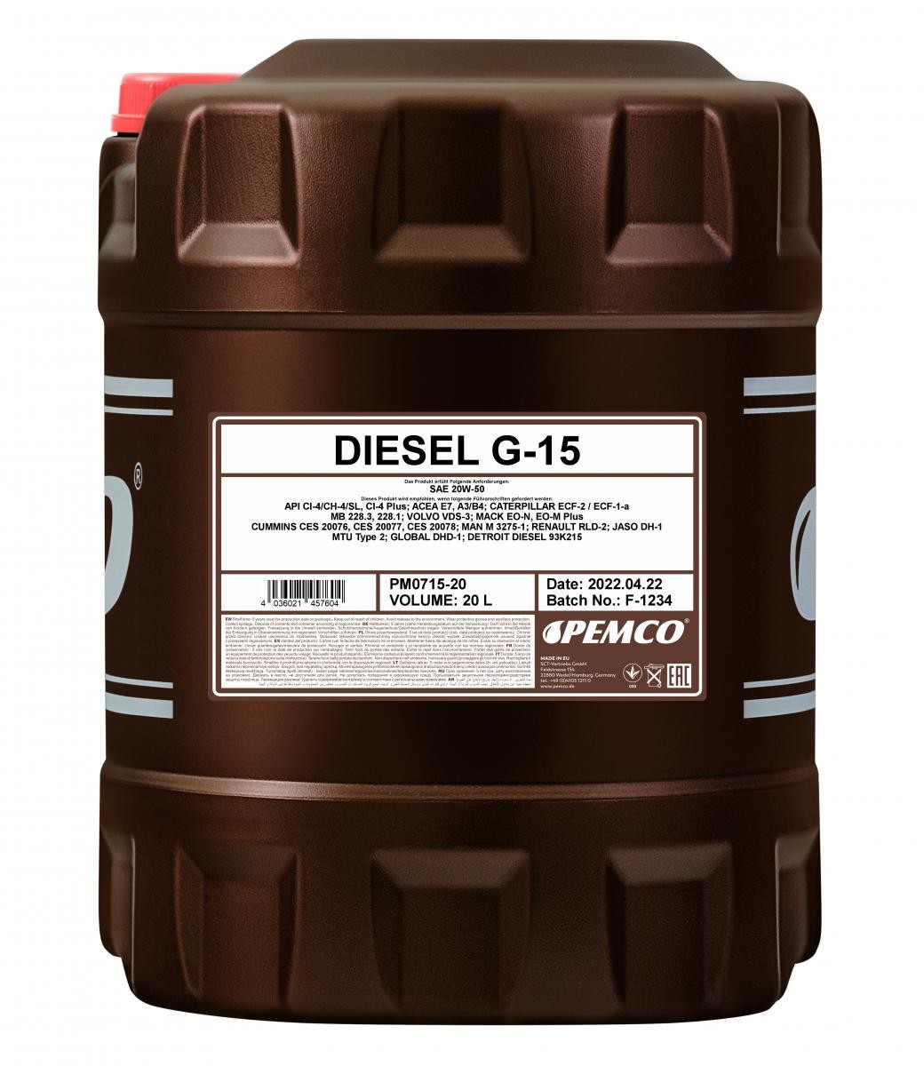 Motor oil PEMCO 20W-50, 20l, Mineral Oil longlife PM0715-20