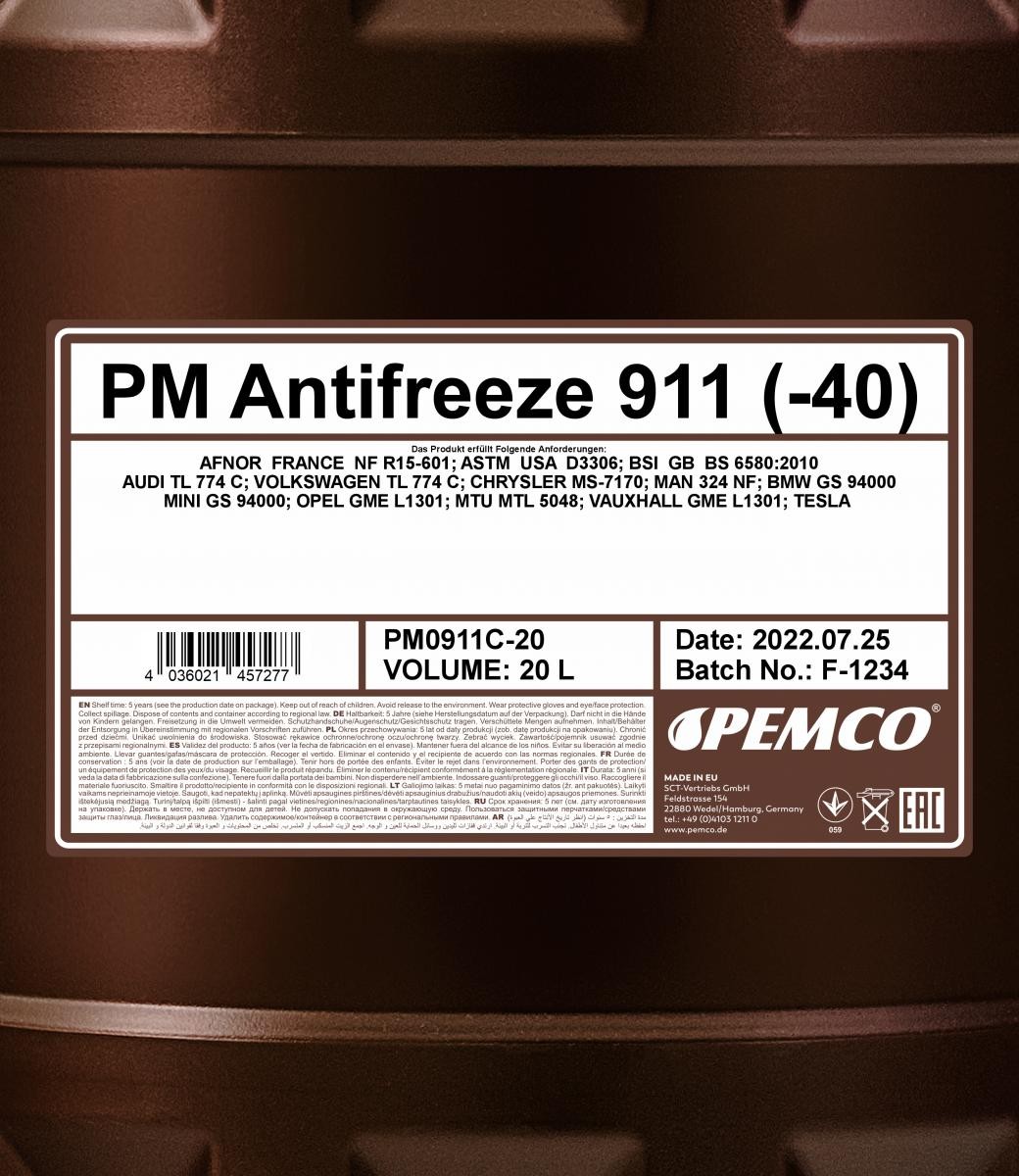 PM0911C-20 PEMCO Antifreeze 911 Kühlmittel G11 Blau, 20l, -38(50