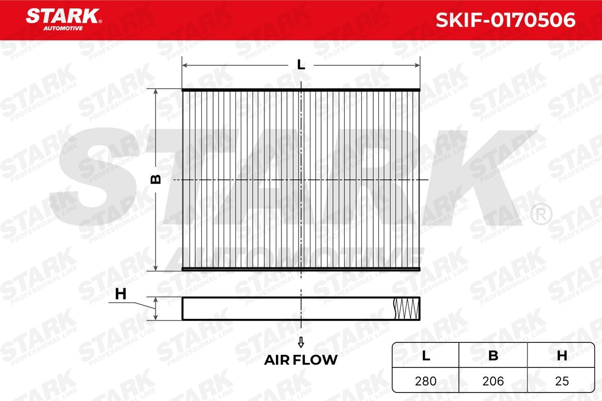 SKIF-0170506 Air con filter SKIF-0170506 STARK with anti-allergic effect, with antibacterial action, Particulate filter (PM 2.5), 280 mm x 206,0 mm x 25 mm