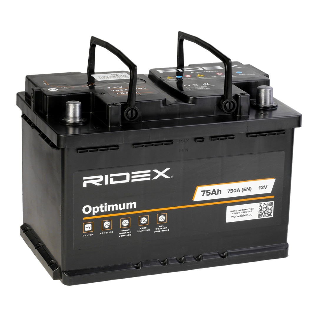 RIDEX 1S0009 Auto battery 12V 75Ah 750A B13 Lead-acid battery, without fill gauge, with handles
