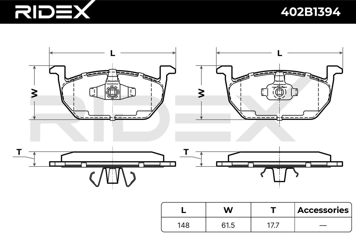402B1394 Set of brake pads 402B1394 RIDEX Front Axle, not prepared for wear indicator, excl. wear warning contact, with anti-squeak plate