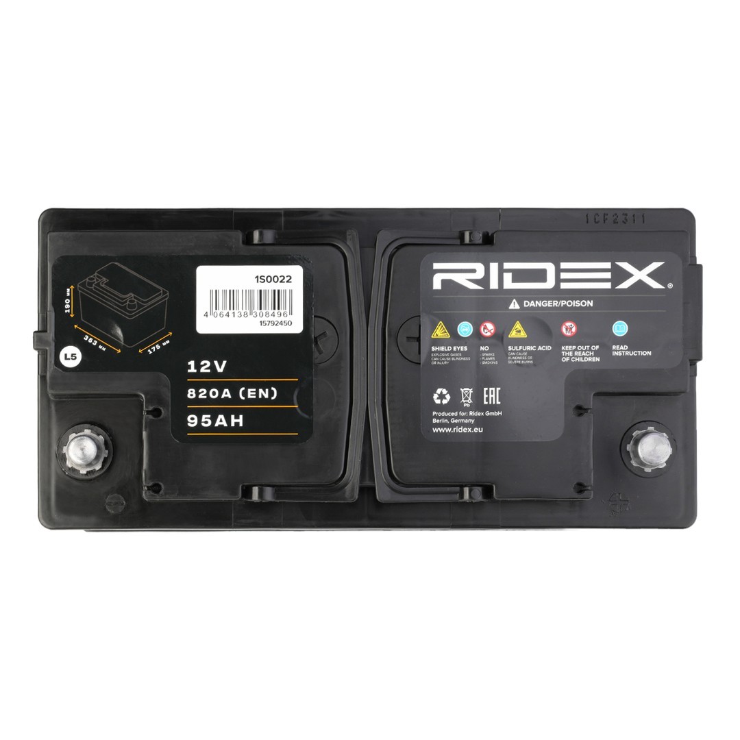 RIDEX 1S0022 Batterie 12V 95Ah 820A B13 Batterie au plomb, avec poignets,  sans jauge de niveau