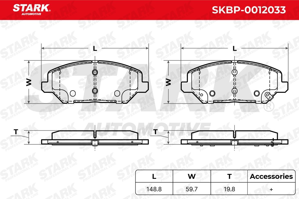 SKBP-0012033 Set of brake pads SKBP-0012033 STARK Front Axle, with acoustic wear warning, with anti-squeak plate