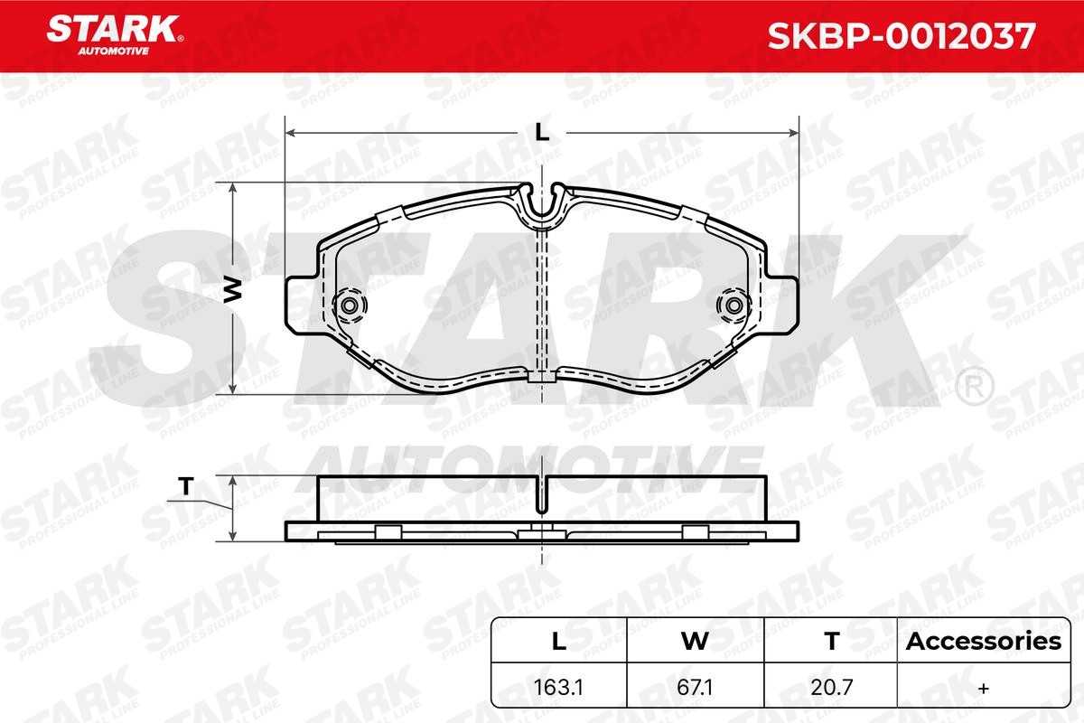 SKBP-0012037 Set of brake pads SKBP-0012037 STARK Front Axle, prepared for wear indicator, excl. wear warning contact, with anti-squeak plate, with accessories