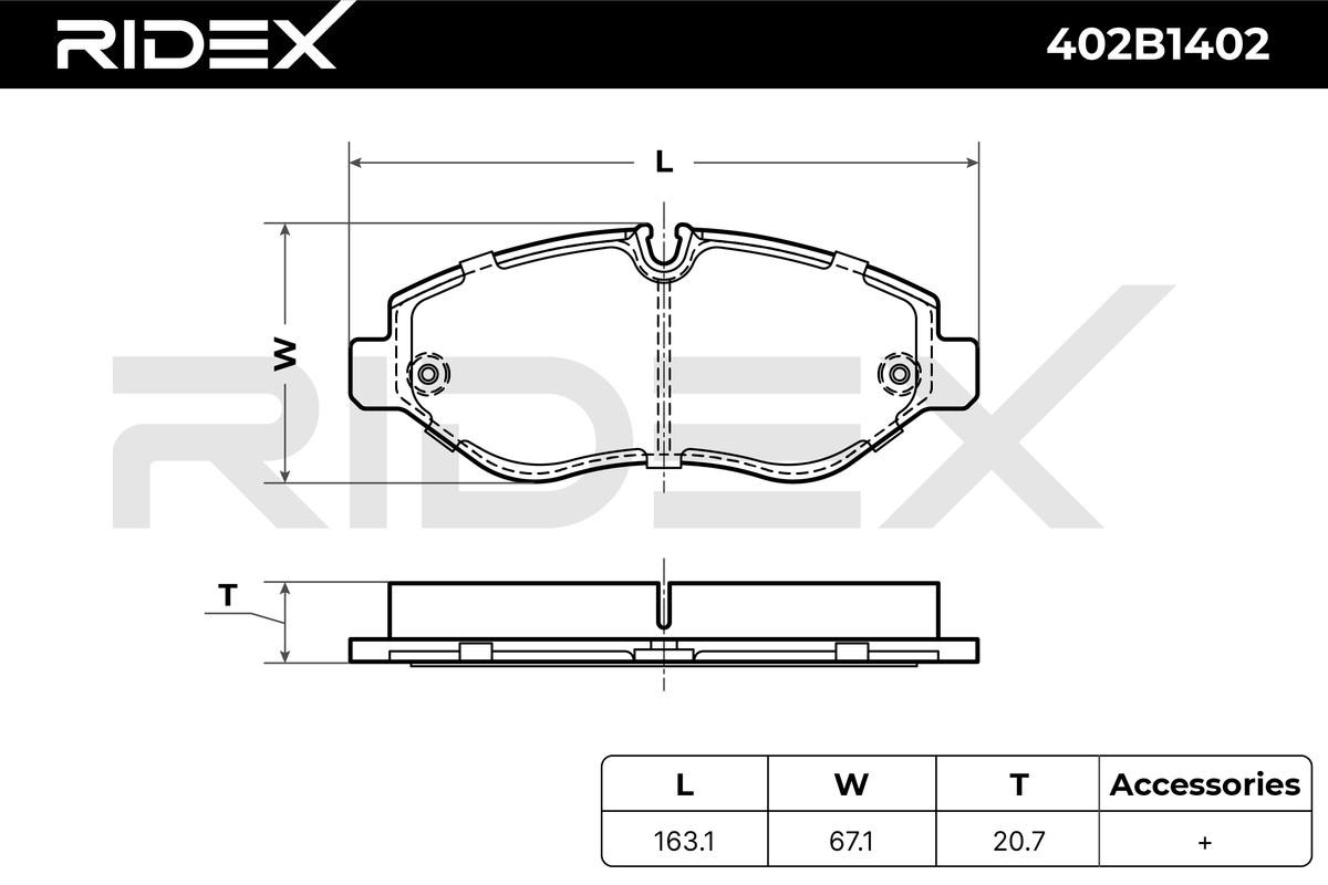 402B1402 Set of brake pads 402B1402 RIDEX Front Axle, prepared for wear indicator, excl. wear warning contact, with anti-squeak plate, with accessories