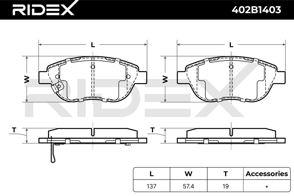402B1403 Set of brake pads 402B1403 RIDEX Front Axle, with acoustic wear warning, with attachment material, with accessories