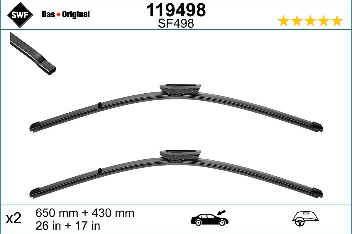 SF498 SWF 650, 430 mm Front, Flat wiper blade, with spoiler, for left-hand drive vehicles Styling: with spoiler, Left-/right-hand drive vehicles: for left-hand drive vehicles Wiper blades 119498 buy