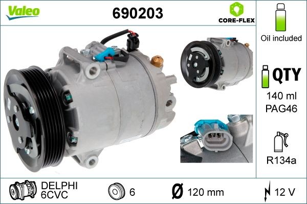 VALEO 690203 Air conditioning compressor 6CVC, 12V, PAG 46, R 134a, with PAG compressor oil