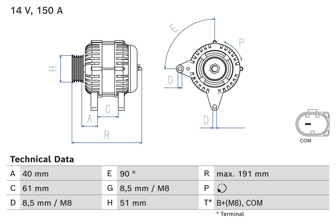 BOSCH 0 986 085 020 Alternator 14V, 150A, PL125, excl. vacuum pump, Ø 39,5 mm