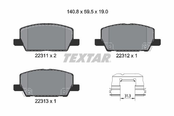 22311 TEXTAR with acoustic wear warning, with accessories Height: 59,5mm, Width: 140,8mm, Thickness: 19mm Brake pads 2231102 buy