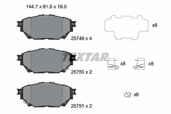 25749 TEXTAR with acoustic wear warning, with accessories Height: 61,5mm, Width: 144,7mm, Thickness: 19,5mm Brake pads 2574901 buy