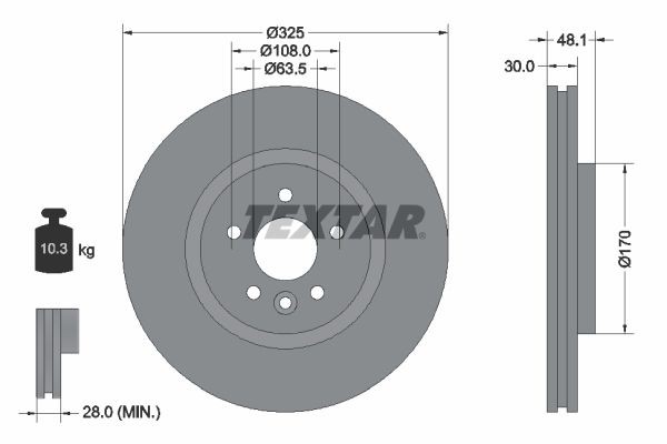 92300505 TEXTAR Brake rotors JAGUAR 325x30mm, 05/06x108, internally vented, Coated, High-carbon